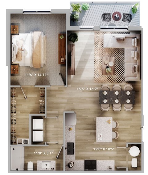Floor plan for 1 bed, 1 bath, 884 sqft